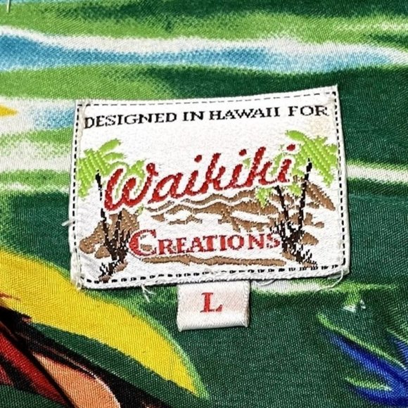 Waikiki Creations Bright Island Print Silky Men's Short Sleeve Hawaiian Shirt L - Picture 3 of 6